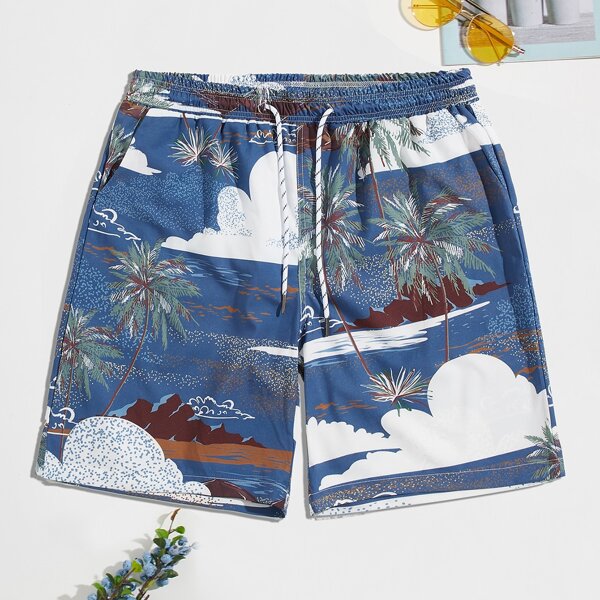 

Men Tropical Print Drawstring Waist Swim Trunks, Multicolor