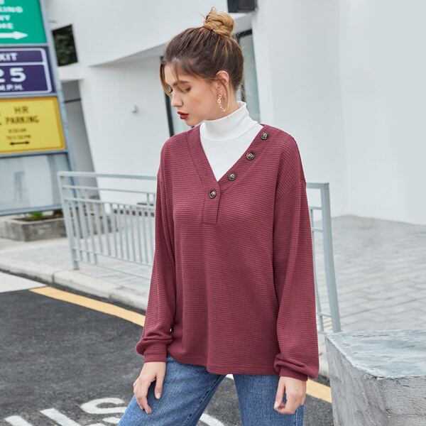 

Oblique Button Drop Shoulder Tee Without White Top, Redwood