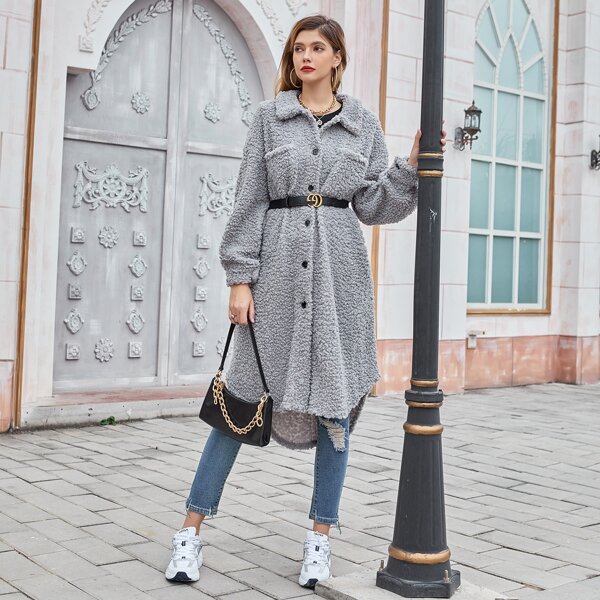 

Drop Shoulder Teddy Coat Without Belt, Grey