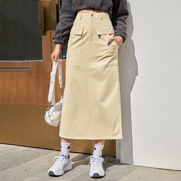 

Flap Detail Slant Pockets Split Skirt, Khaki