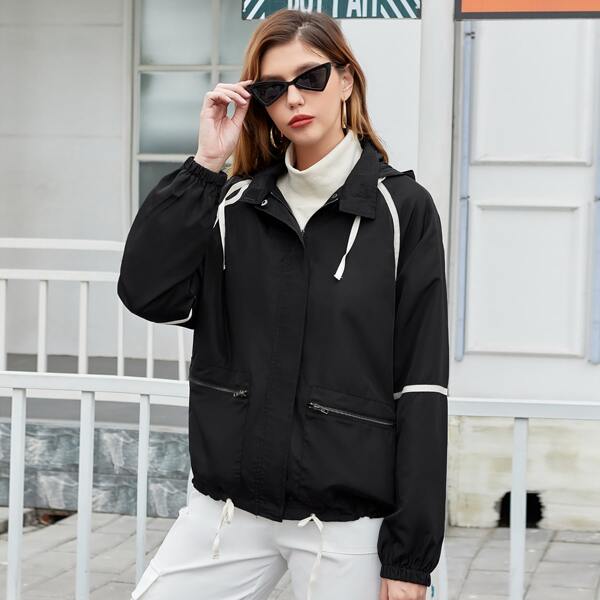 

Contrast Tape Drawstring Hooded Jacket, Black