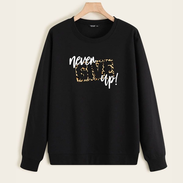 

Plus Slogan & Leopard Print Sweatshirt, Black