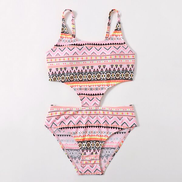

Girls Geo Print Cut-out One Piece Swimsuit, Multicolor