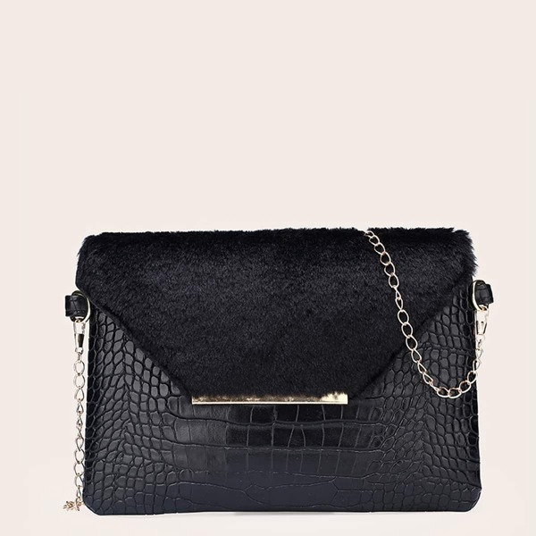 

Faux Fur Decor Croc Embossed Chain Bag, Black