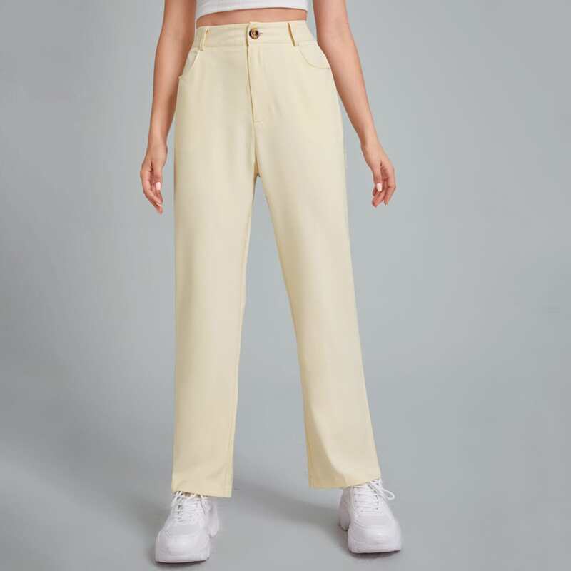 

High Waist Solid Pants, Beige