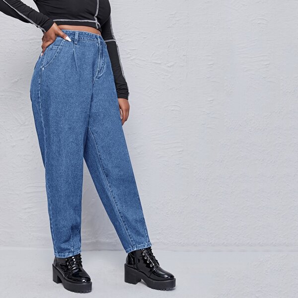 

Plus High Waist Pocket Side Mom Jeans, Medium wash