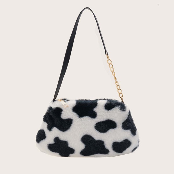 

Cow Pattern Fluffy Shoulder Bag, Black and white
