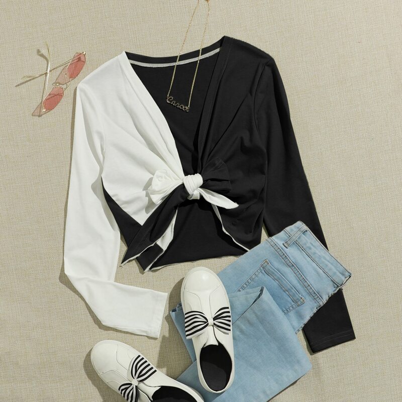 

Colorblock Tie Front Crop Top, Black and white