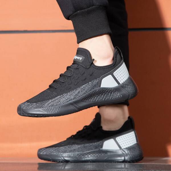 

Men Letter Patch Lace-up Decor Knit Sneakers, Black