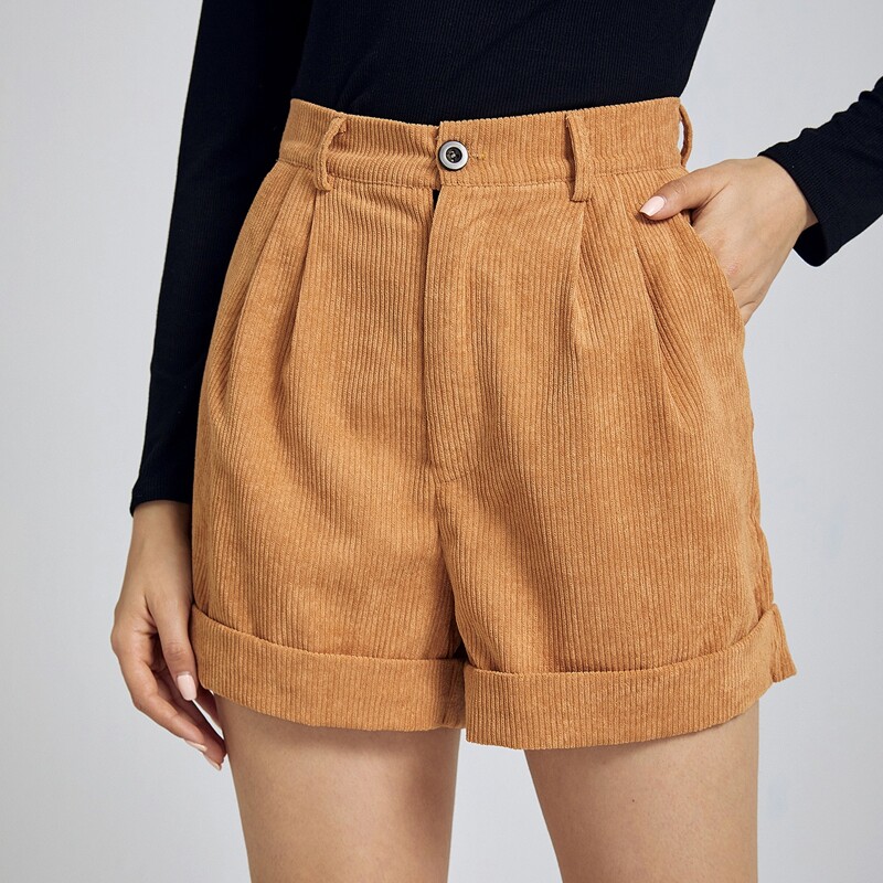 

Solid Corduroy Cuffes Shorts, Brown