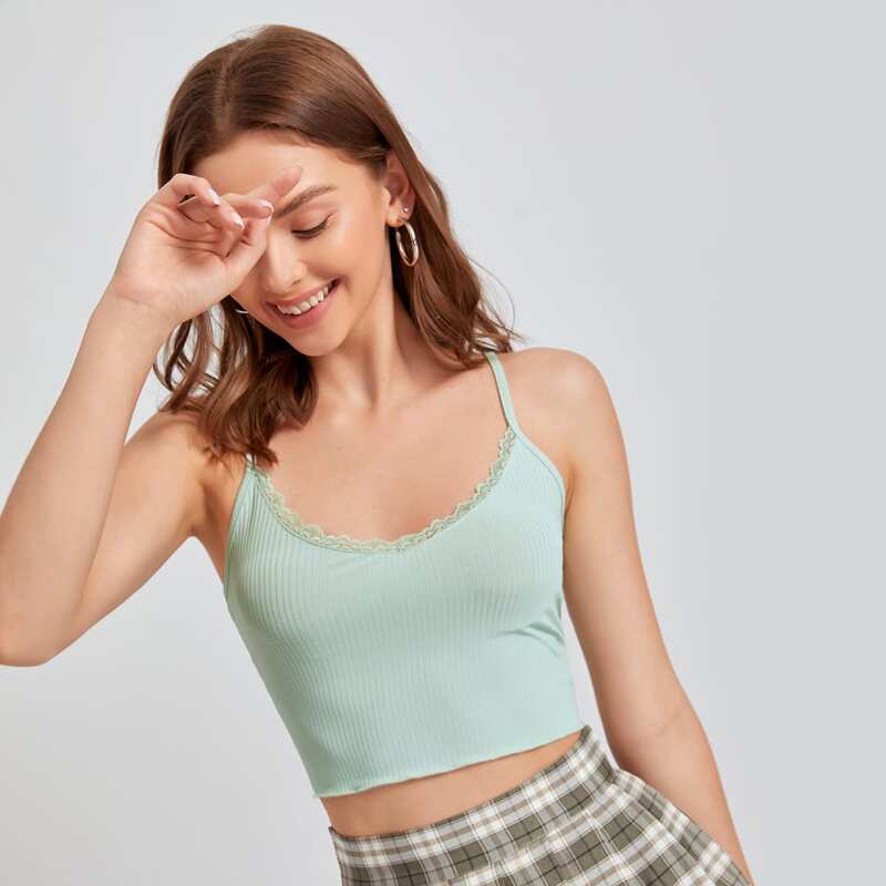 

Solid Contrast Lace Ribbed Cami, Mint green