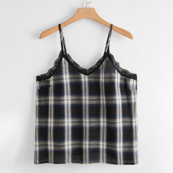 

Plus Contrast Lace Plaid Cami Top, Multicolor
