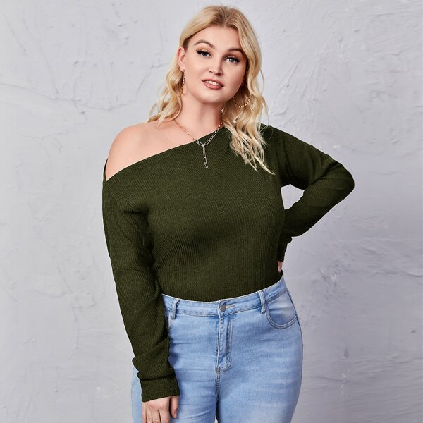 

Plus Asymmetrical Neck Rib-knit Tee, Army green