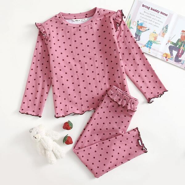 

Toddler Girls Lettuce Trim Polka Dot Top & Pants PJ Set, Pink