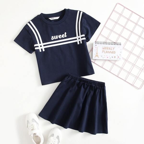 

Toddler Girls Letter and Striped Top & Skirt Set, Navy blue