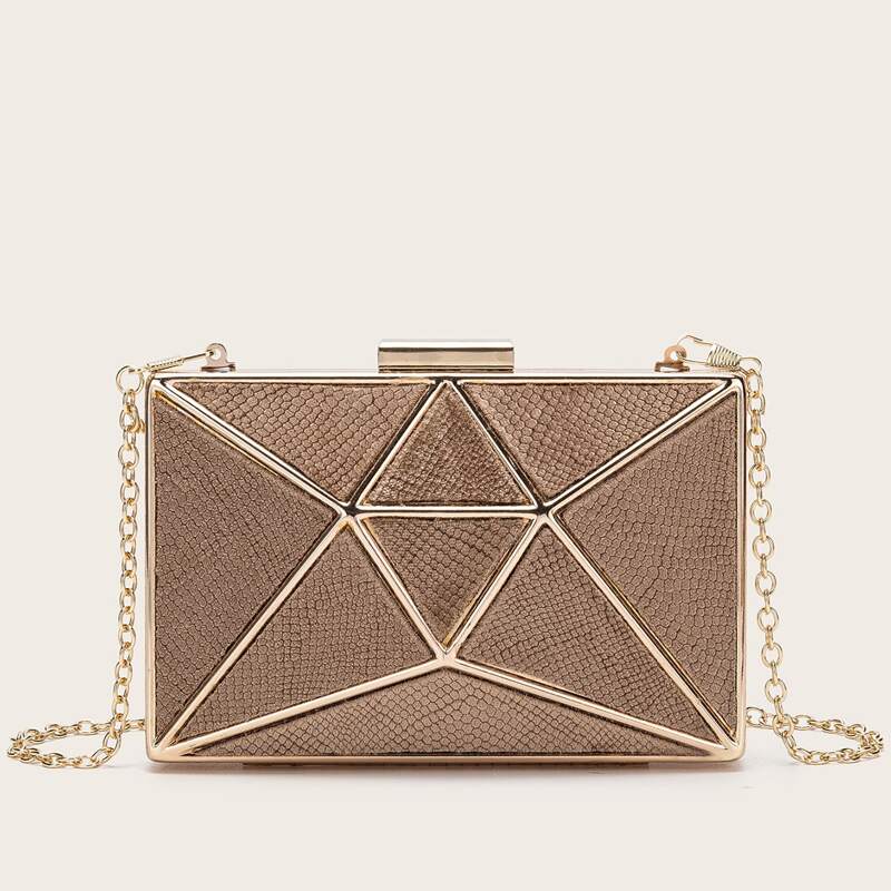 

Metal Geometric Design Chain Clutch Bag, Gold