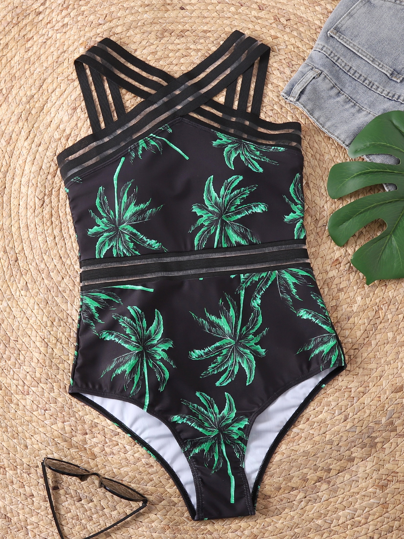 Palm Tree Print Crisscross One Piece Swimsuit thumbnail