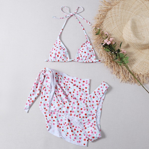 

3pack Ditsy Floral Triangle Bikini Swimsuit & Beach Skirt, Multicolor
