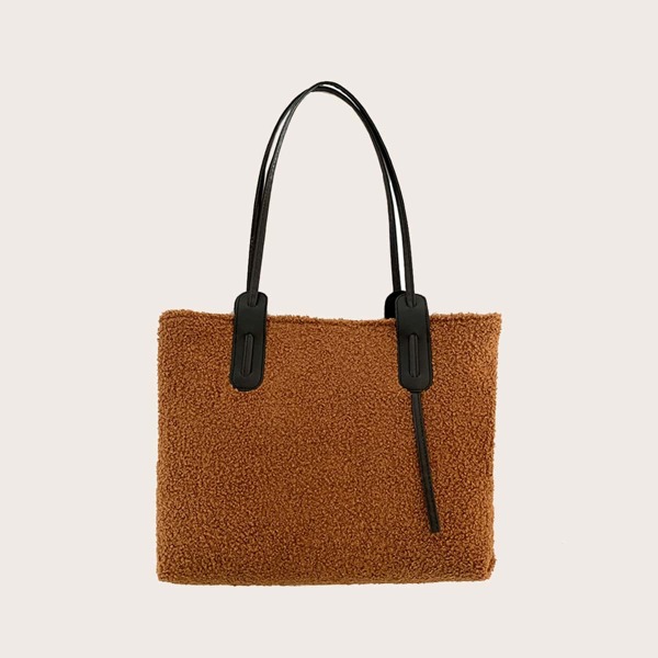 

Large Capacity Faux Fur Shoulder Tote Bag, Coffee brown