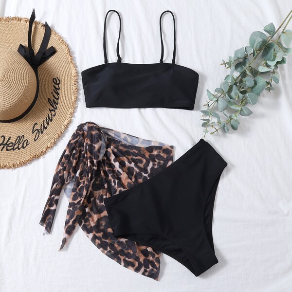 

3pack Solid Bikini Swimsuit & Leopard Beach Skirt, Multicolor