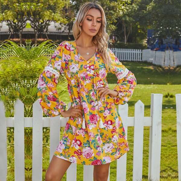

Allover Floral Print Fringe Drawstring Babydoll Dress, Multicolor