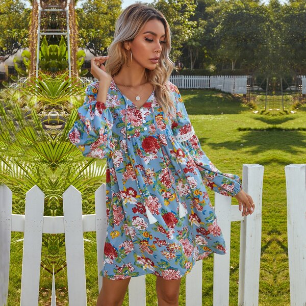 

Allover Floral Print Fringe Drawstring Babydoll Dress, Multicolor