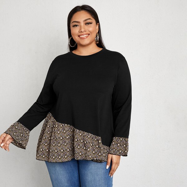 

Plus Flounce Sleeve Ruffle Hem Panel Tee, Black