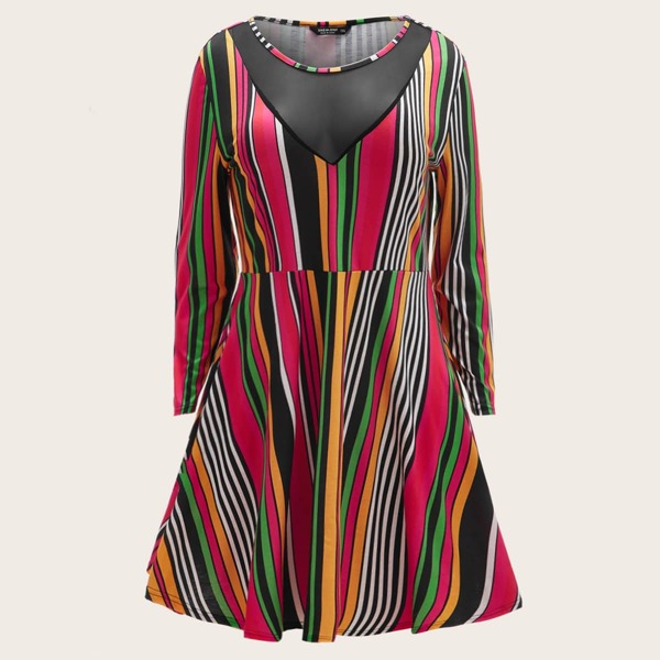 

Plus Contrast Mesh Striped Fit & Flare Dress, Multicolor