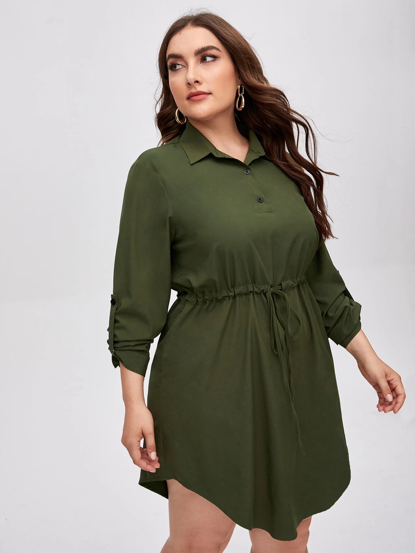 Our Plus Drawstring Waist Roll-up Sleeve Shirt Dress is such a