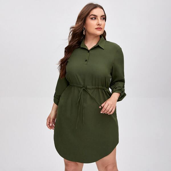 

Plus Drawstring Waist Roll-up Sleeve Shirt Dress, Army green