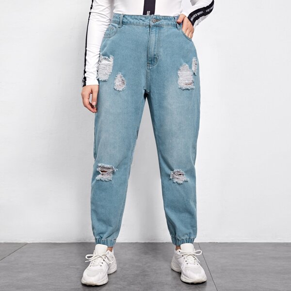 

Plus High Waist Ripped Jogger Jeans, Light wash
