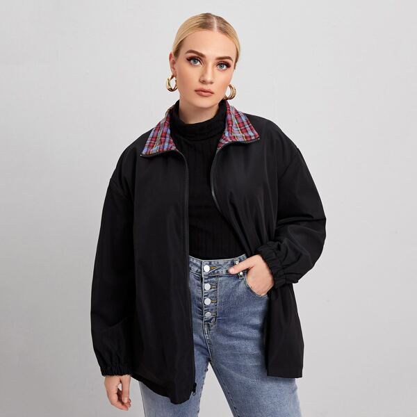 

Plus 1pc On Both Sides Wear Plaid Zip Up Jacket, Multicolor