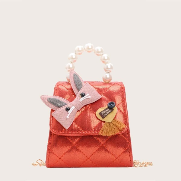 

Girls Faux Pearl Beaded Quilted Satchel Bag, Red