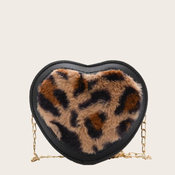 

Girls Fluffy Leopard Heart Shaped Chain Bag, Brown
