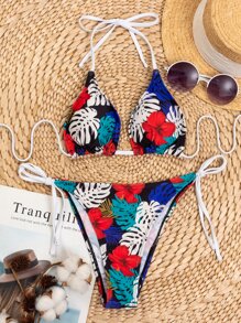 Tropical Triangle Tie Side Bikini Set Summer Beach - Multicolor - View 1