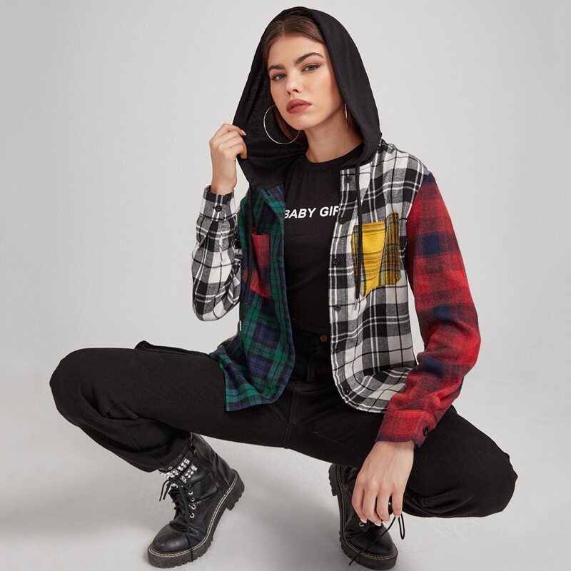 

Colorblock Plaid Button Front Drawstring Blouse, Multicolor