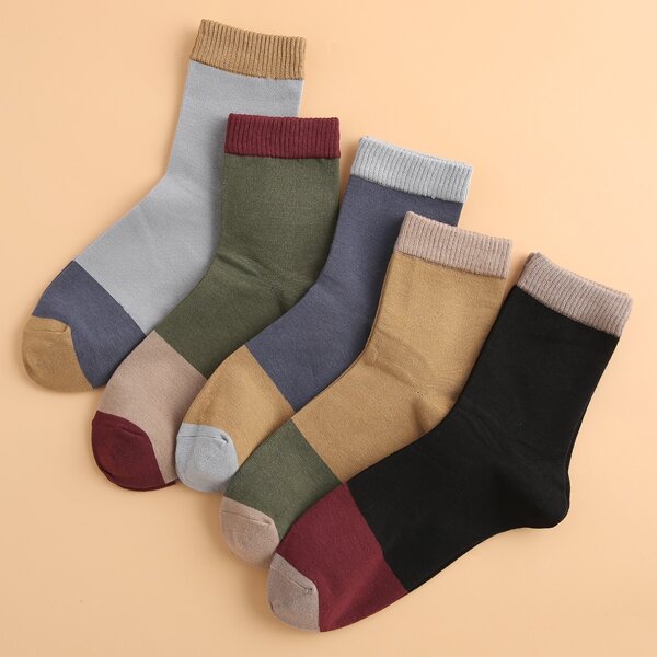 

5pairs Men Color Block Crew Socks, Multicolor
