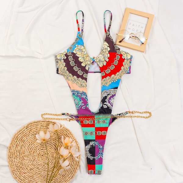 

Colorblock Chain Decor One Piece Swimsuit, Multicolor