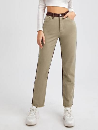 High Waist Colorblock Raw Hem Straight Jeans