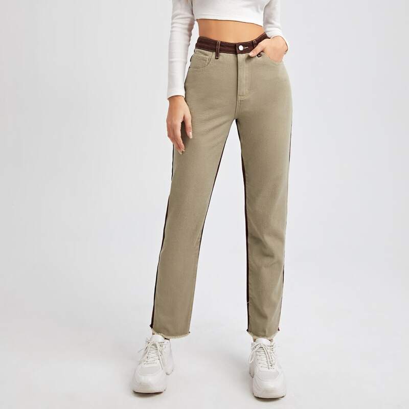 

High Waist Colorblock Raw Hem Straight Jeans, Multicolor