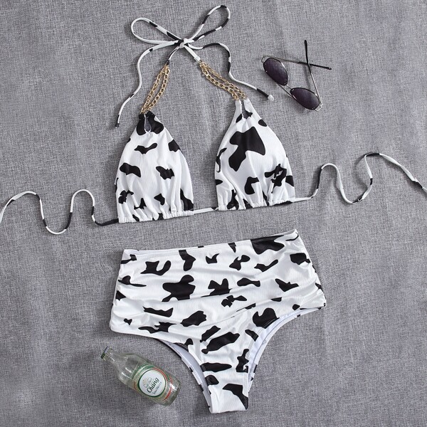 

Plus Cow Print Chain Linked Halter Bikini Swimsuit, Black and white