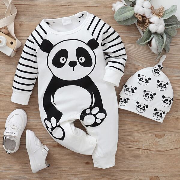 

Baby Boy Cartoon And Striped Jumpsuit & Hat, Black and white