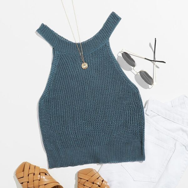 

Halterneck Solid Knit Top, Dusty blue