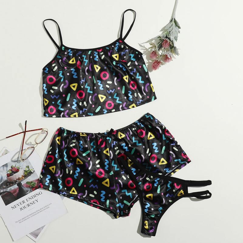 

3pack Satin Allover Print Lingerie Set, Black