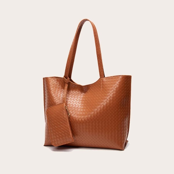 

Braided Design Tote Bag With Purse, Brown