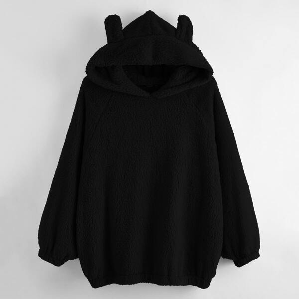 

Plus Solid 3D Ears Patched Teddy Hoodie, Black