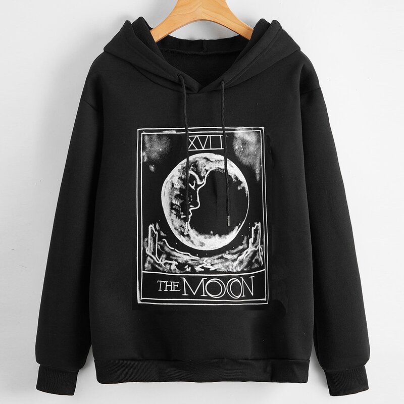 

Letter Moon Graphic Drawstring Hoodie, Black
