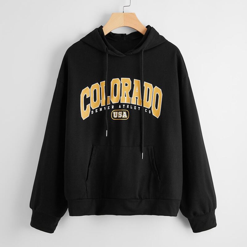 

Kangaroo Pocket Letter Graphic Hoodie, Black