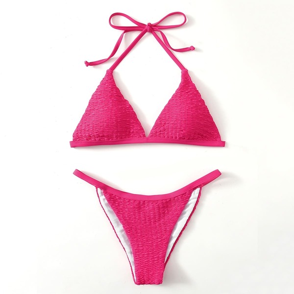 

Smocked Triangle Thong Bikini Swimsuit, Hot pink