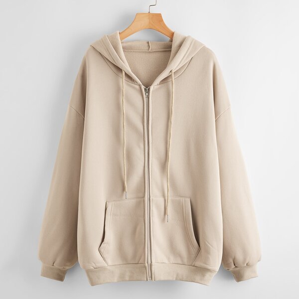 

Solid Zip Up Drawstring Hooded Sweatshirt, Khaki